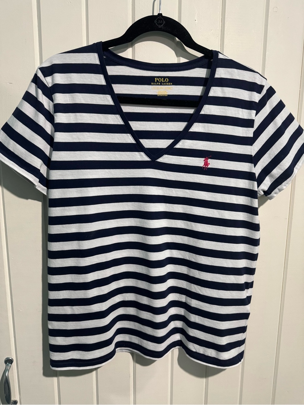 Polo by Ralph Lauren White & Navy Striped V-Neck Tee with Pink Logo